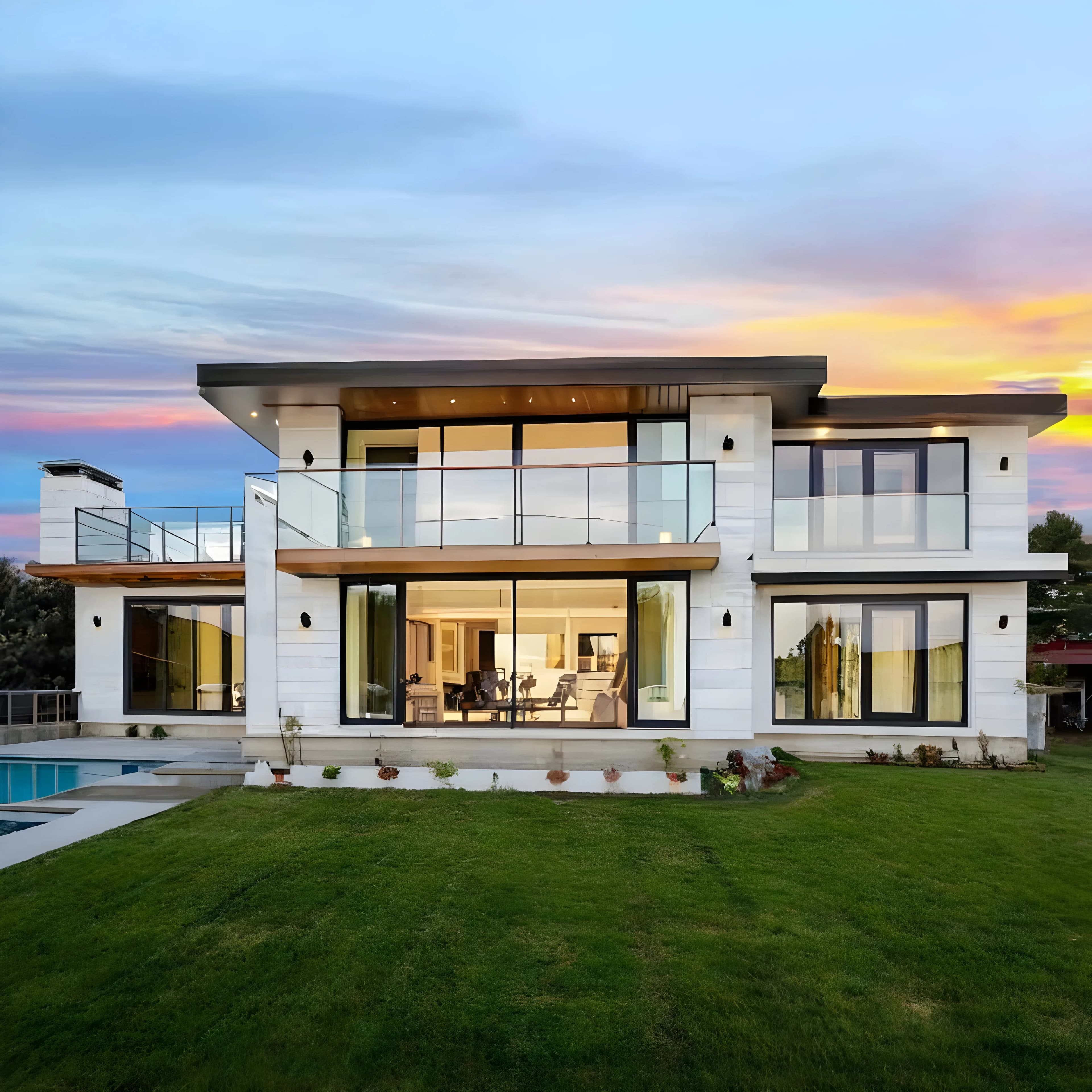 Sunset Ridge Residence at dusk with expansive lawn